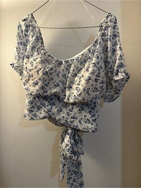 Women’s White and Blue Floral Tie-Front Blouse by Rue + 2X
